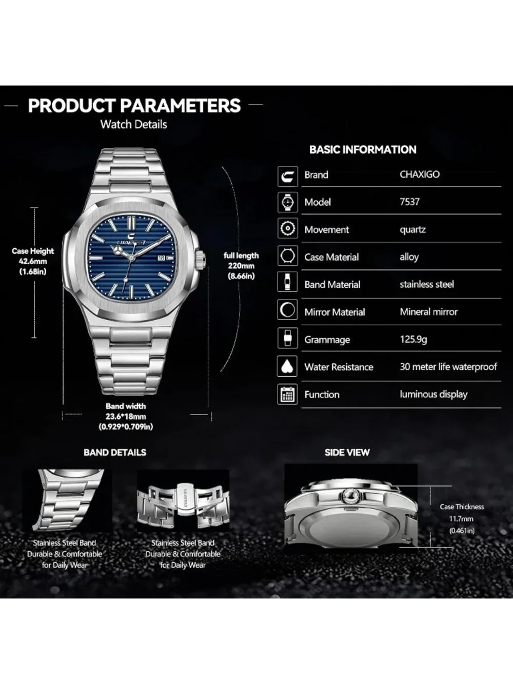 Men's Blue Silver Alloy Material Waterproof Quartz Sports Sports Wrist Watches